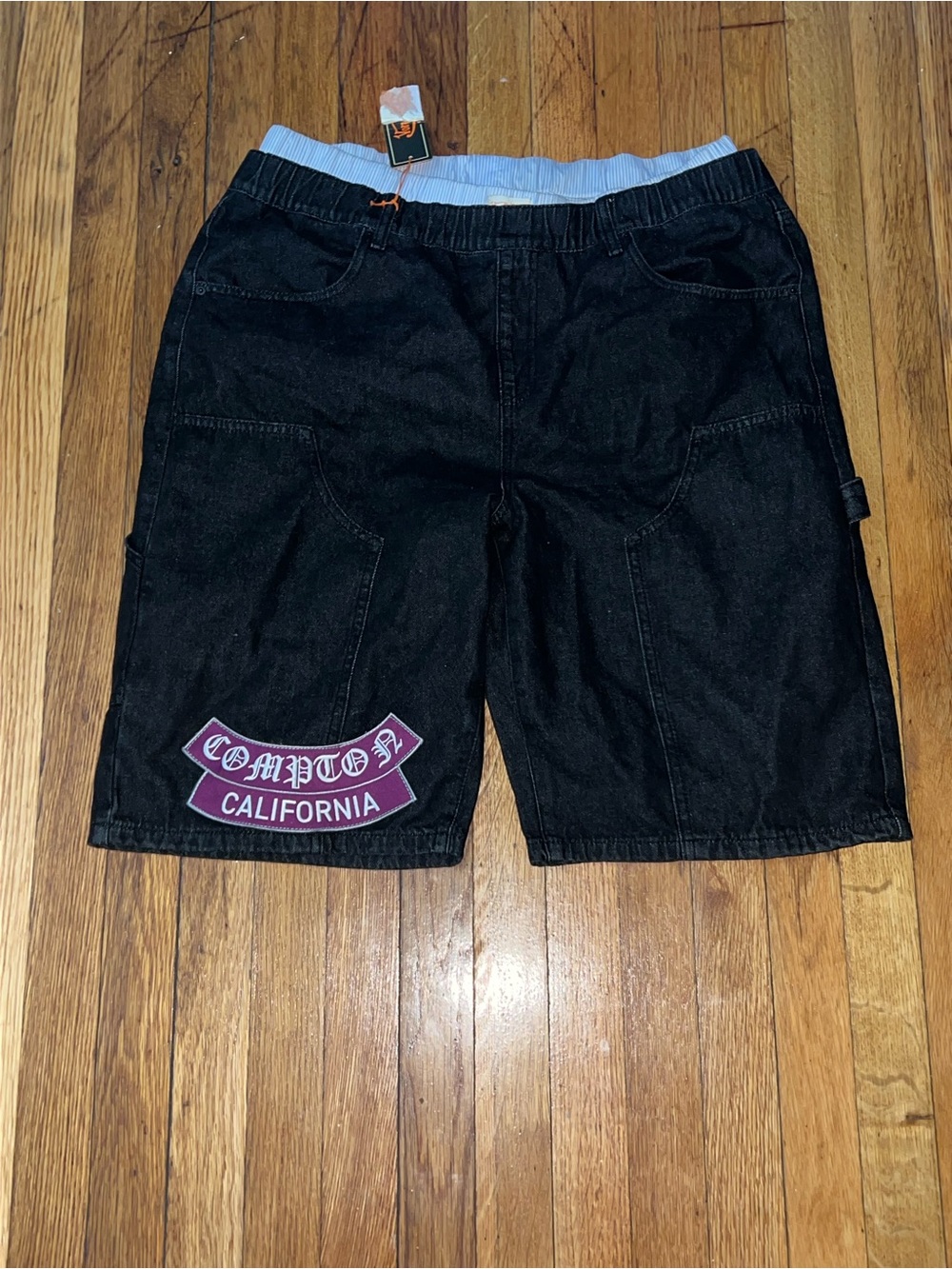 Fashion Nova Black Cargo Shorts with Purple Compton Patch